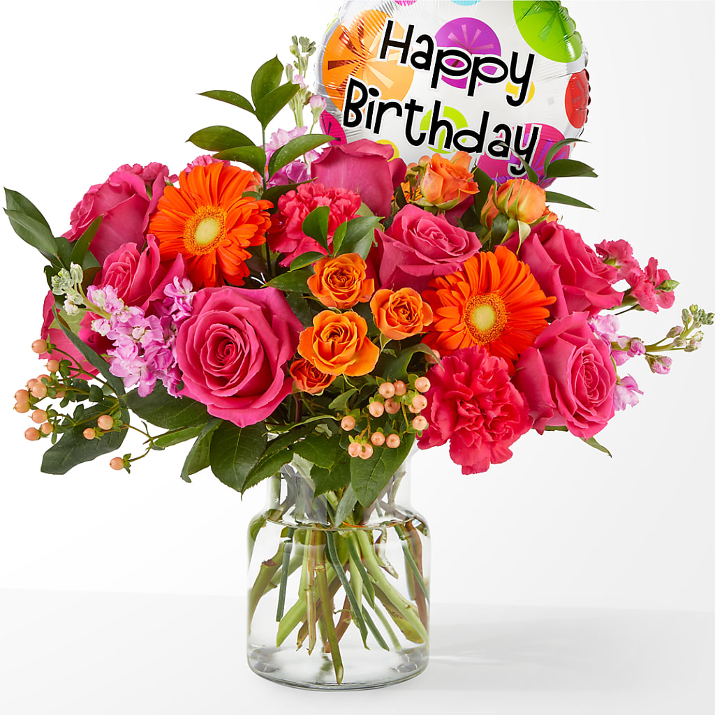 Fiesta Bouquet with Birthday Balloon – Twigs N Blooms, Gaylord MI