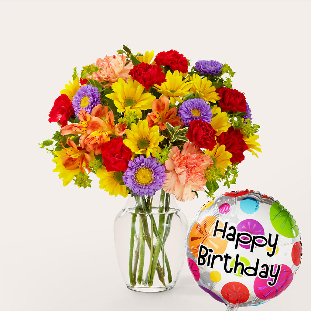 Kaleidoscope Bouquet with Birthday Balloon – Twigs N Blooms, Gaylord MI